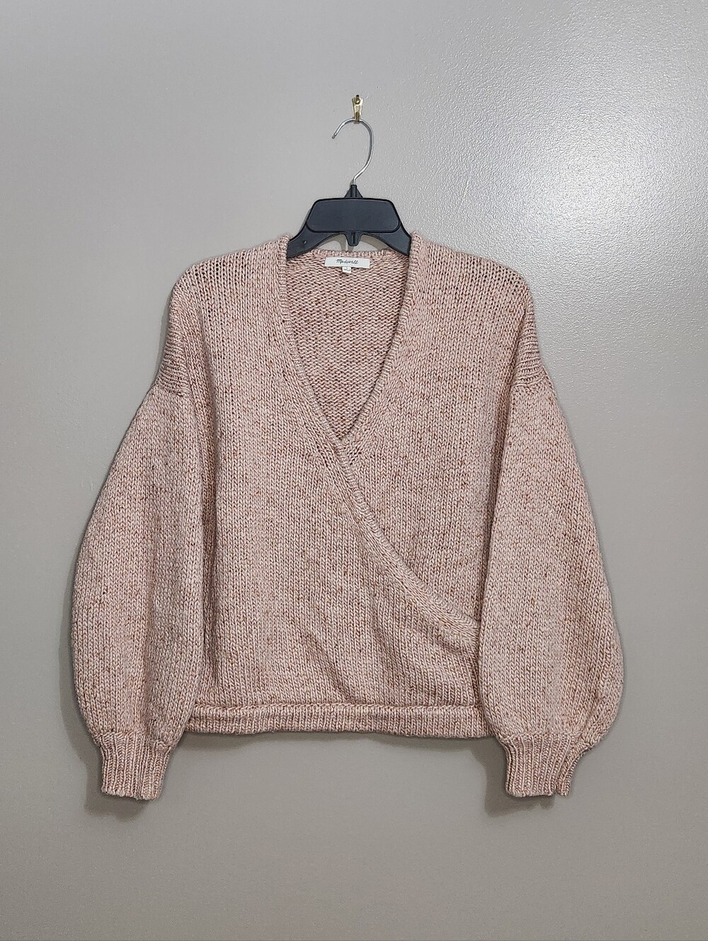 Madewell Pink Wrap V-Neck Balloon Sleeve Wool Blend Sweater Size Large